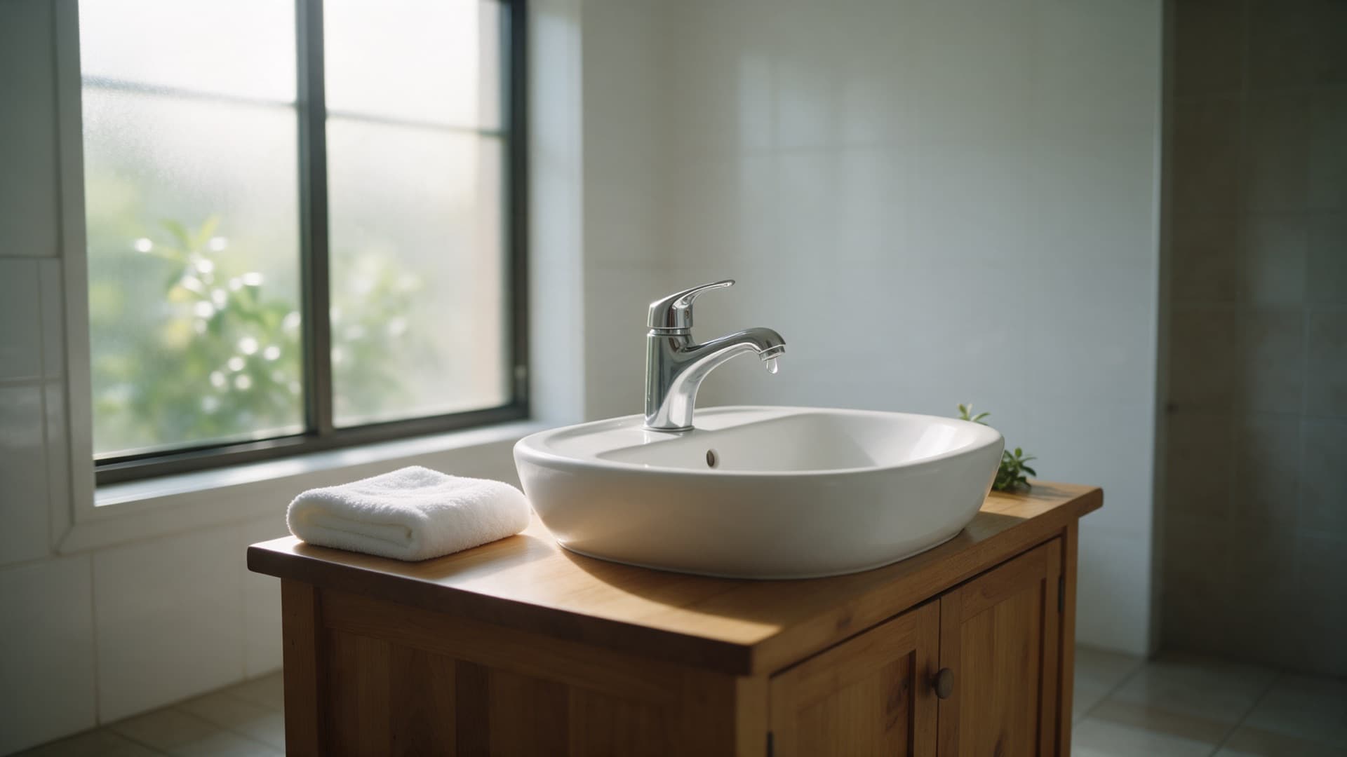 Chrome basin tap with a drop of water forming at the spout above a white basin on a timber vanity