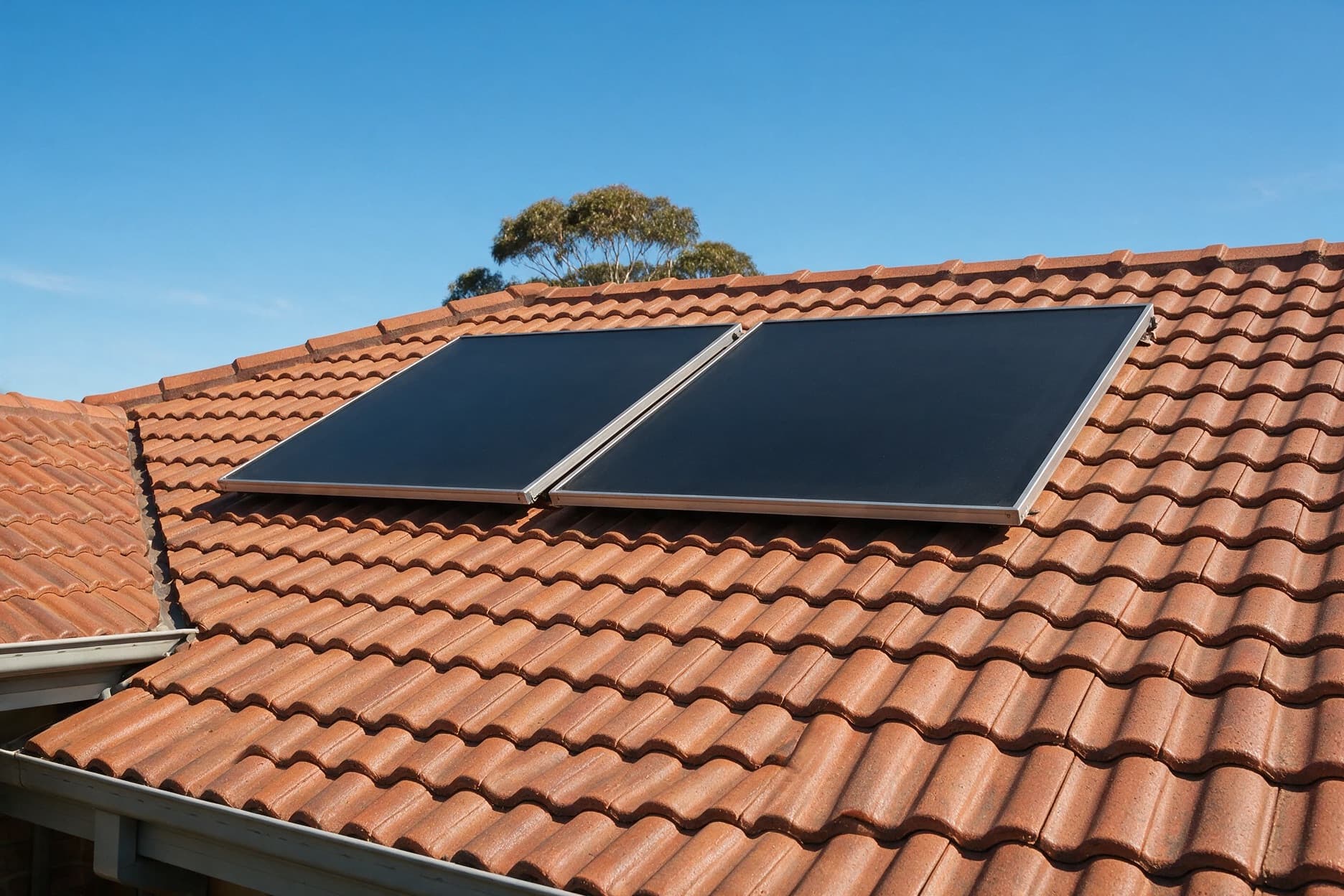 Two flat plate solar hot water collectors mounted on a terracotta tile roof under a clear blue sky
