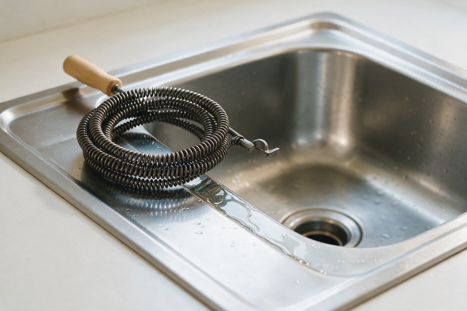 A coiled hand drain snake with a wooden handle resting on a stainless steel kitchen sink beside the open drain