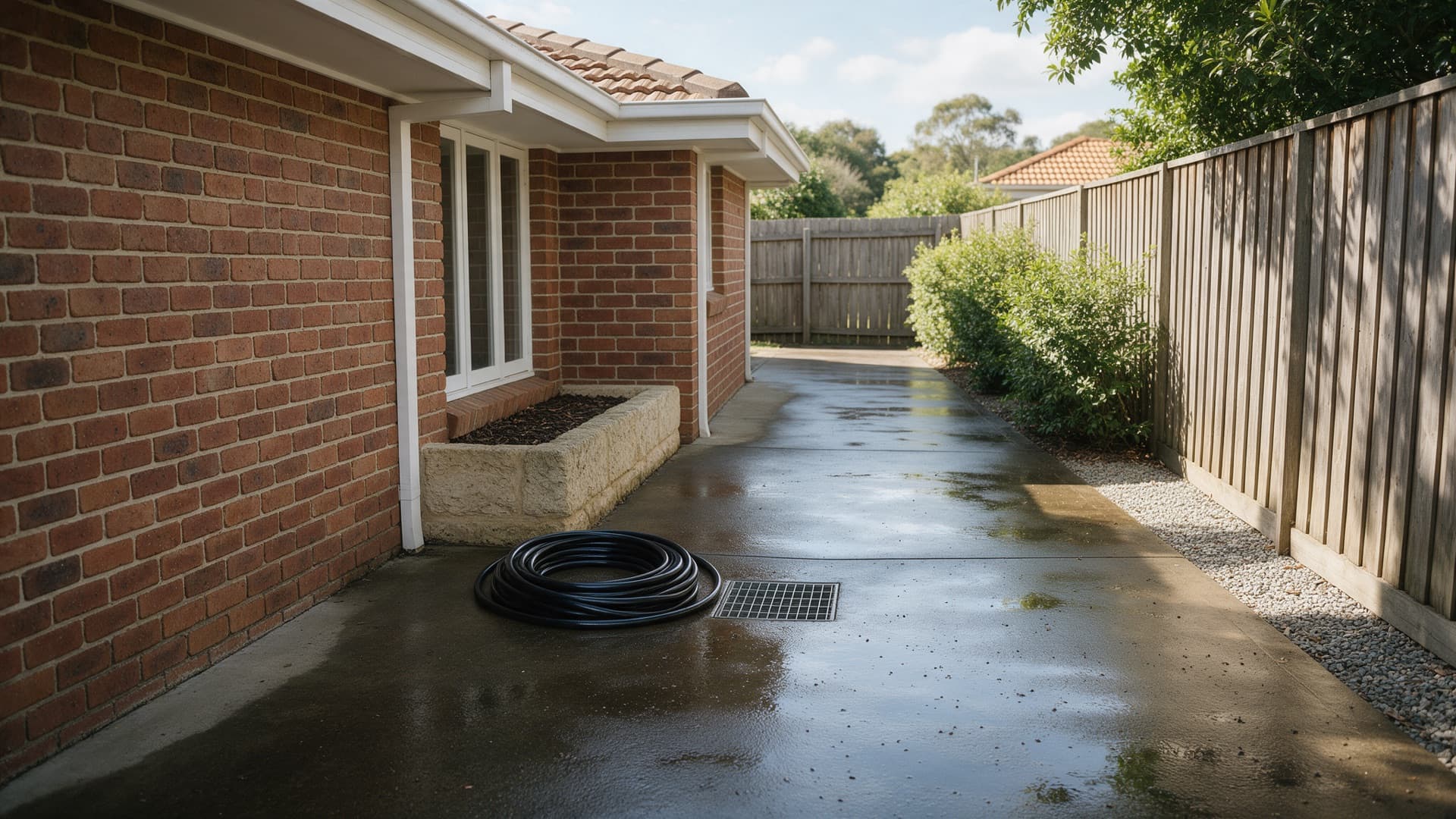 Coiled black jetting hose beside an outdoor drain grate on a wet concrete path next to a brick house