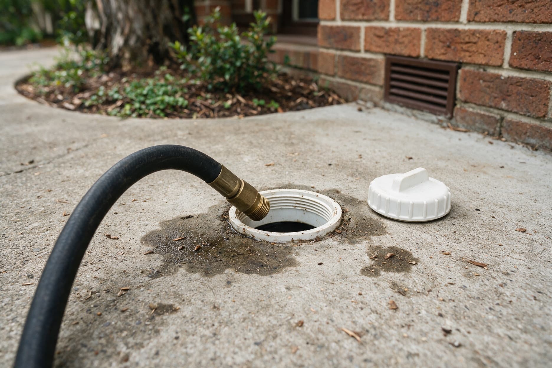 A black high-pressure hose with a brass fitting entering an open drain inspection opening in a concrete path beside a brick house