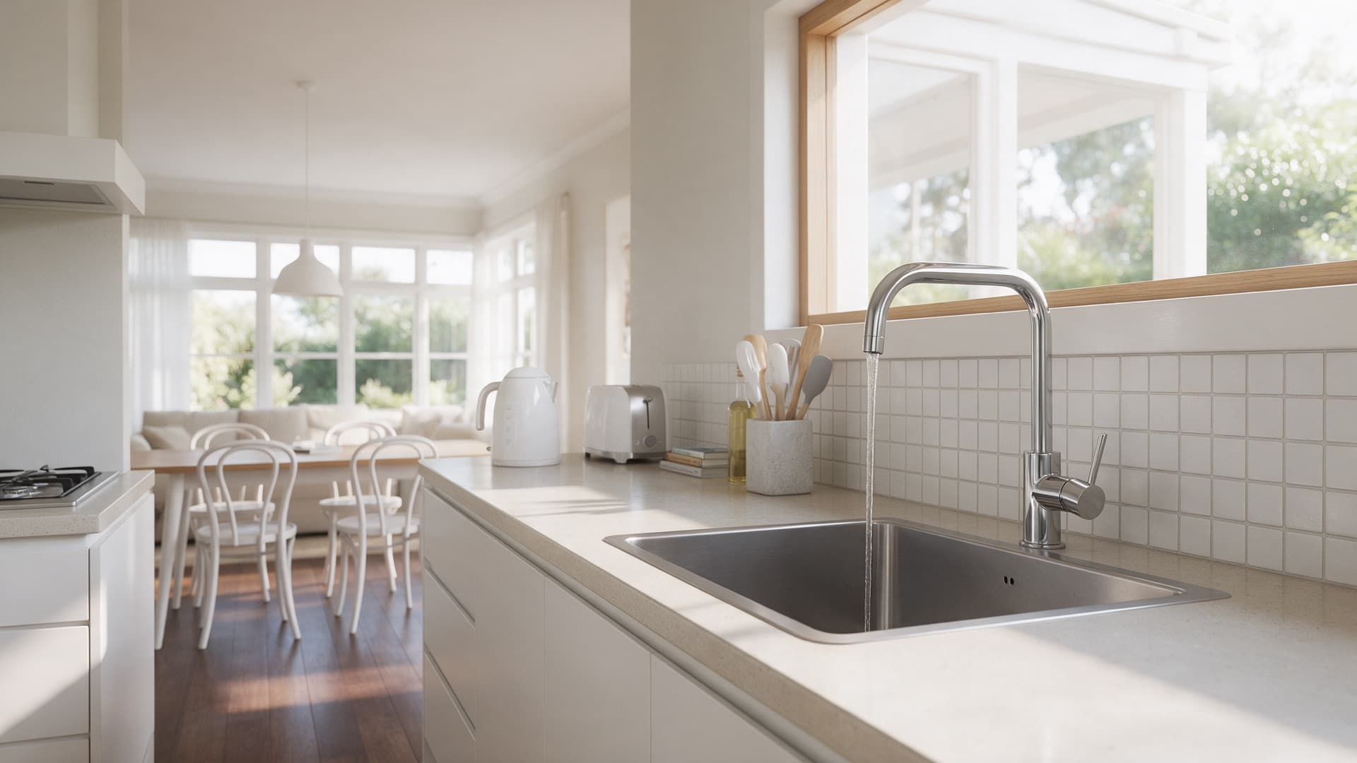 Gooseneck kitchen mixer tap running a thin stream of water into a stainless steel sink