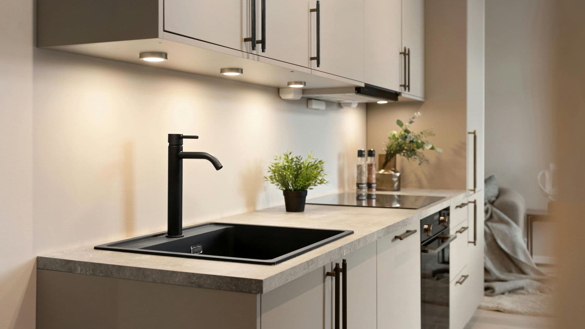 Modern kitchen with a black undermount sink and matte black mixer tap set into a stone benchtop