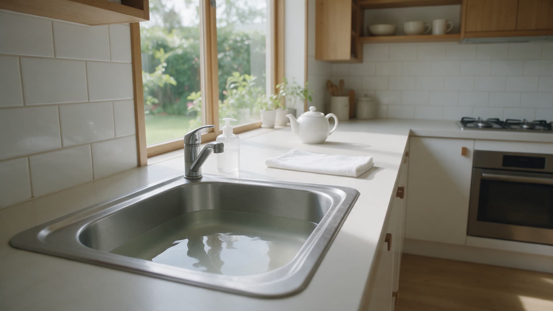 Stainless steel kitchen sink filled with standing grey water that will not drain