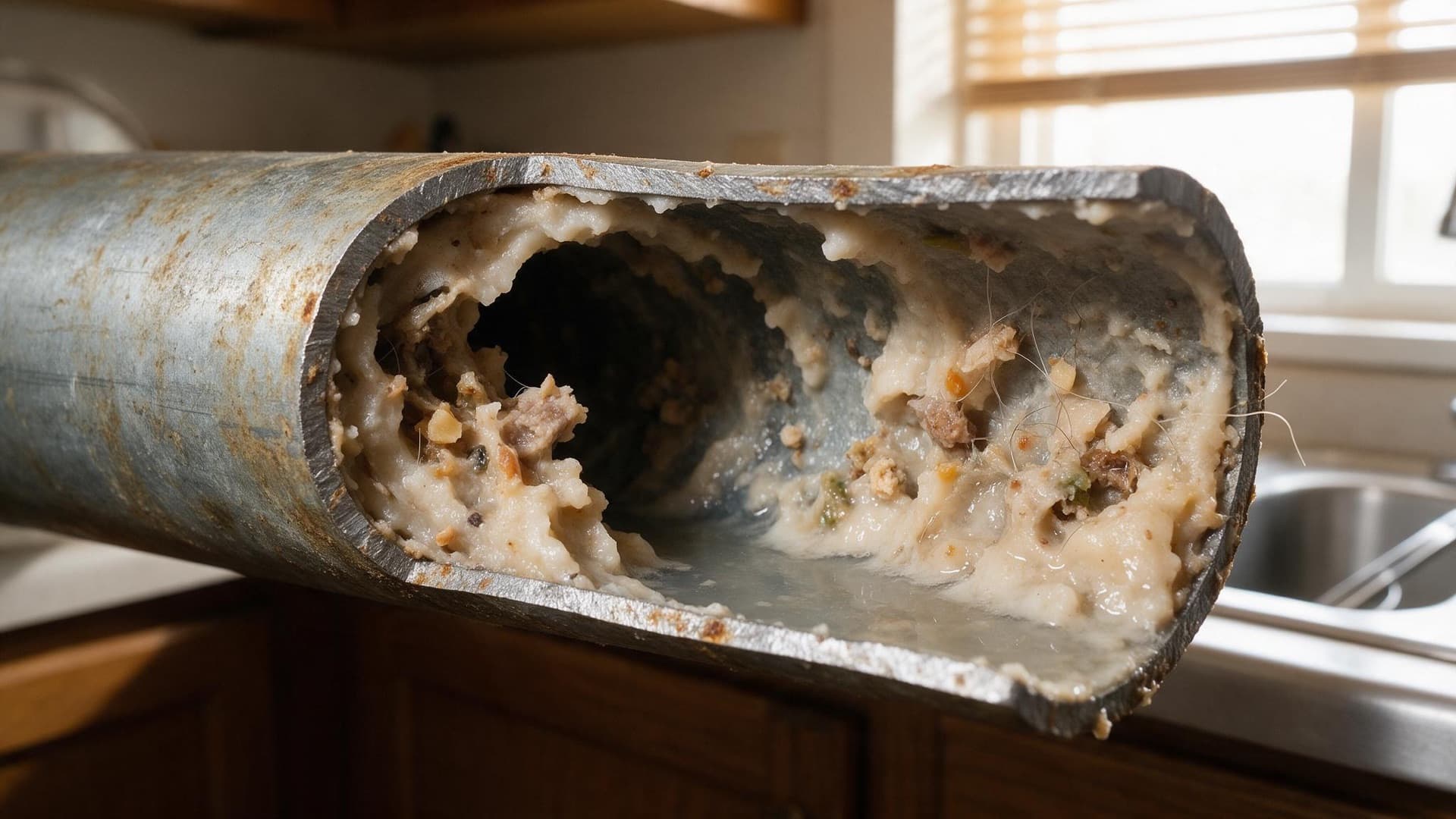 Cutaway of a kitchen waste pipe narrowed by hardened grease and food scraps beside a sink