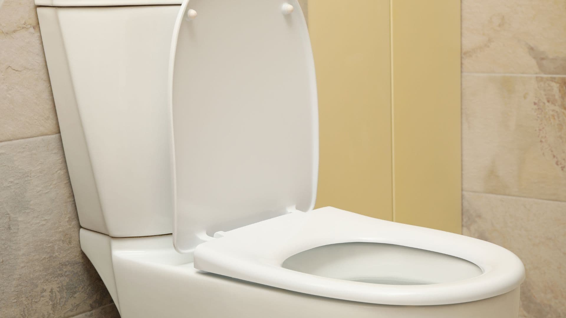 White toilet with the seat and lid raised, ready to be plunged