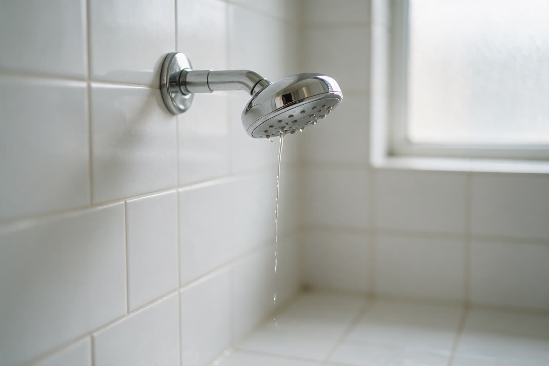 A chrome shower head on a white tiled wall with only a thin trickle of water coming out