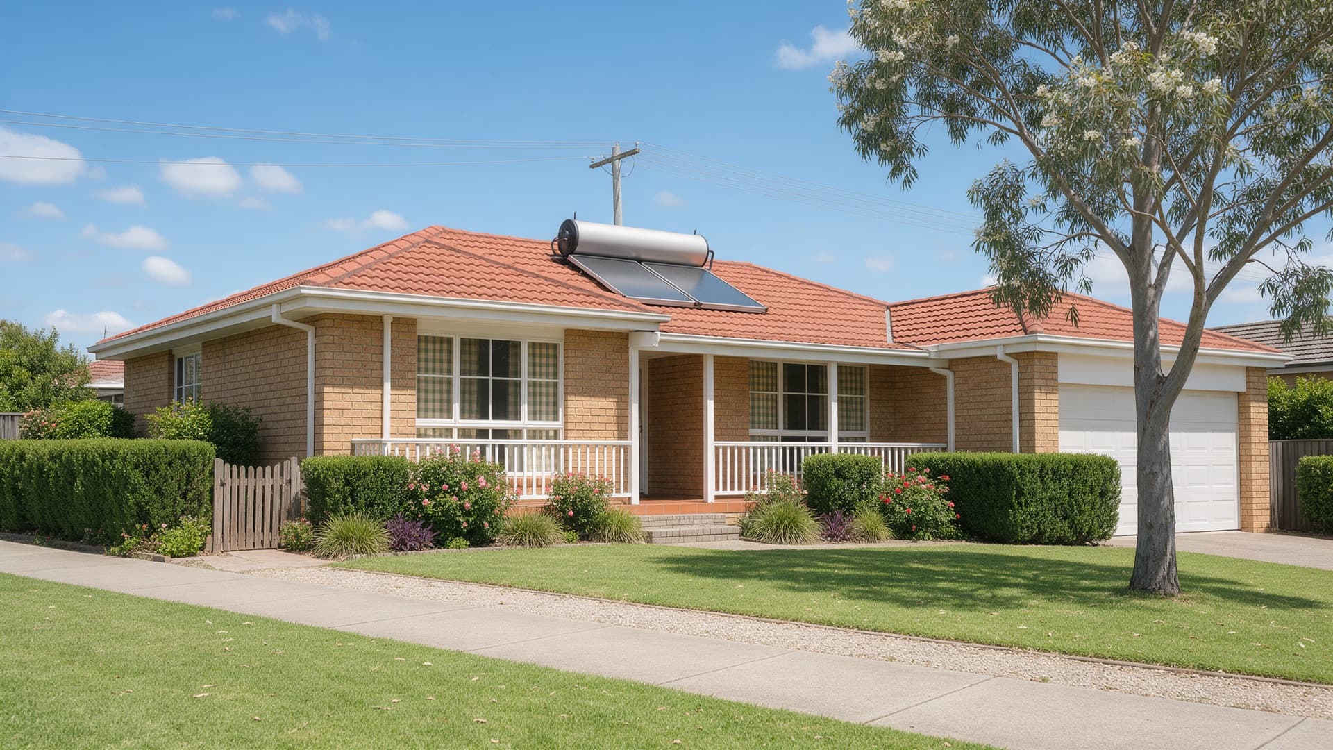 Roof-mounted solar hot water system with collectors and tank on the terracotta tile roof of a brick Sydney home