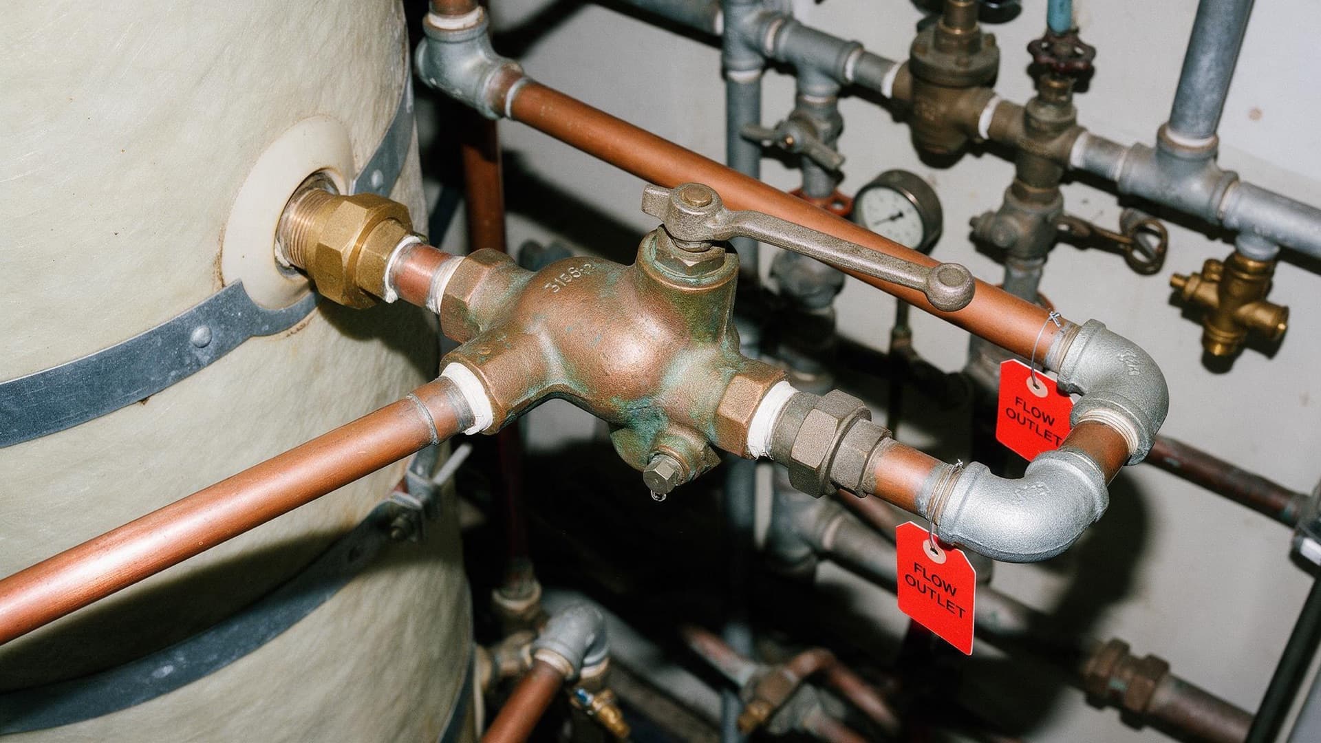 Brass tempering valve fitted to copper pipework on the outlet of a hot water cylinder