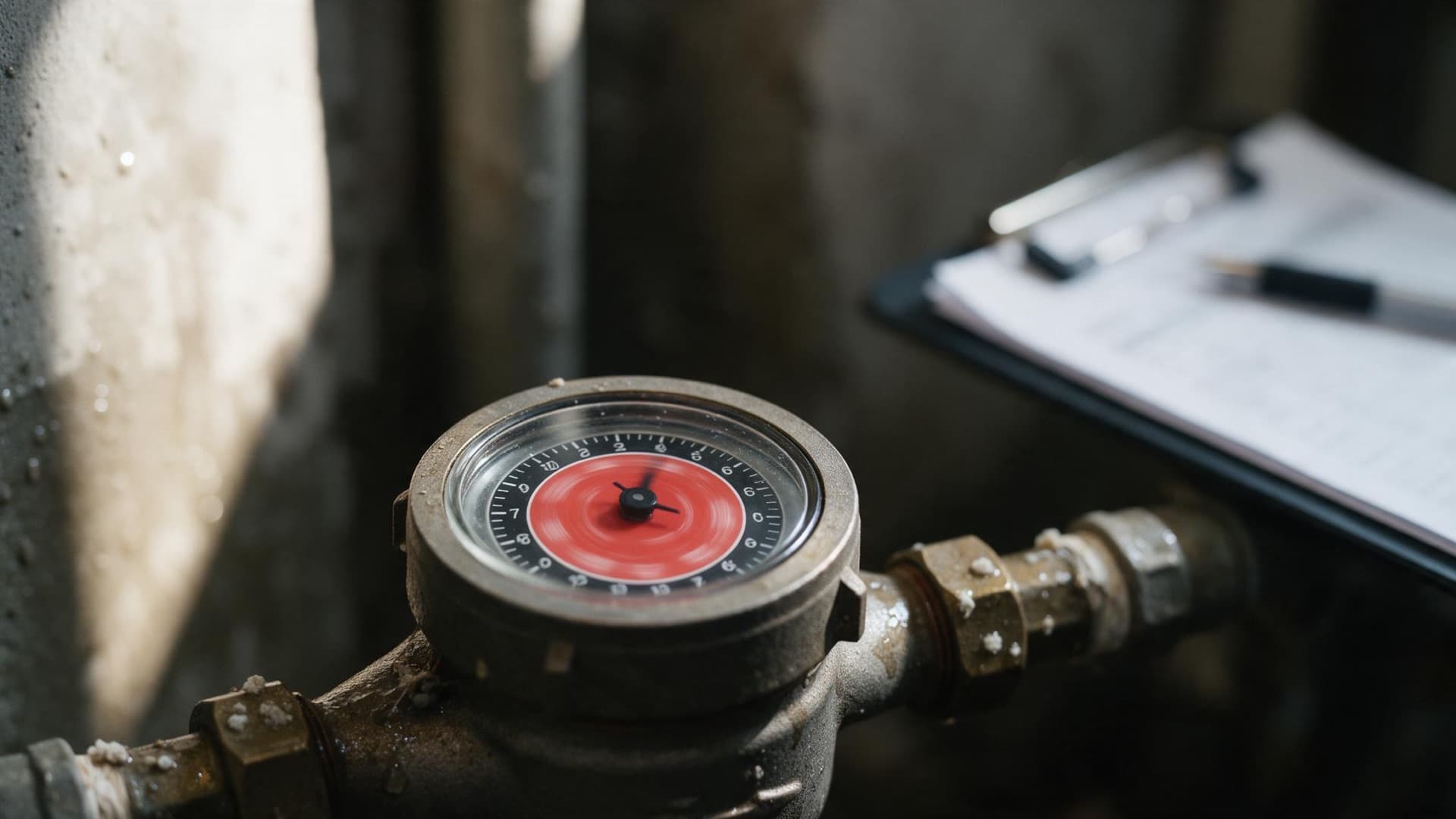 Water meter dial with a clipboard nearby, ready for a leak test reading